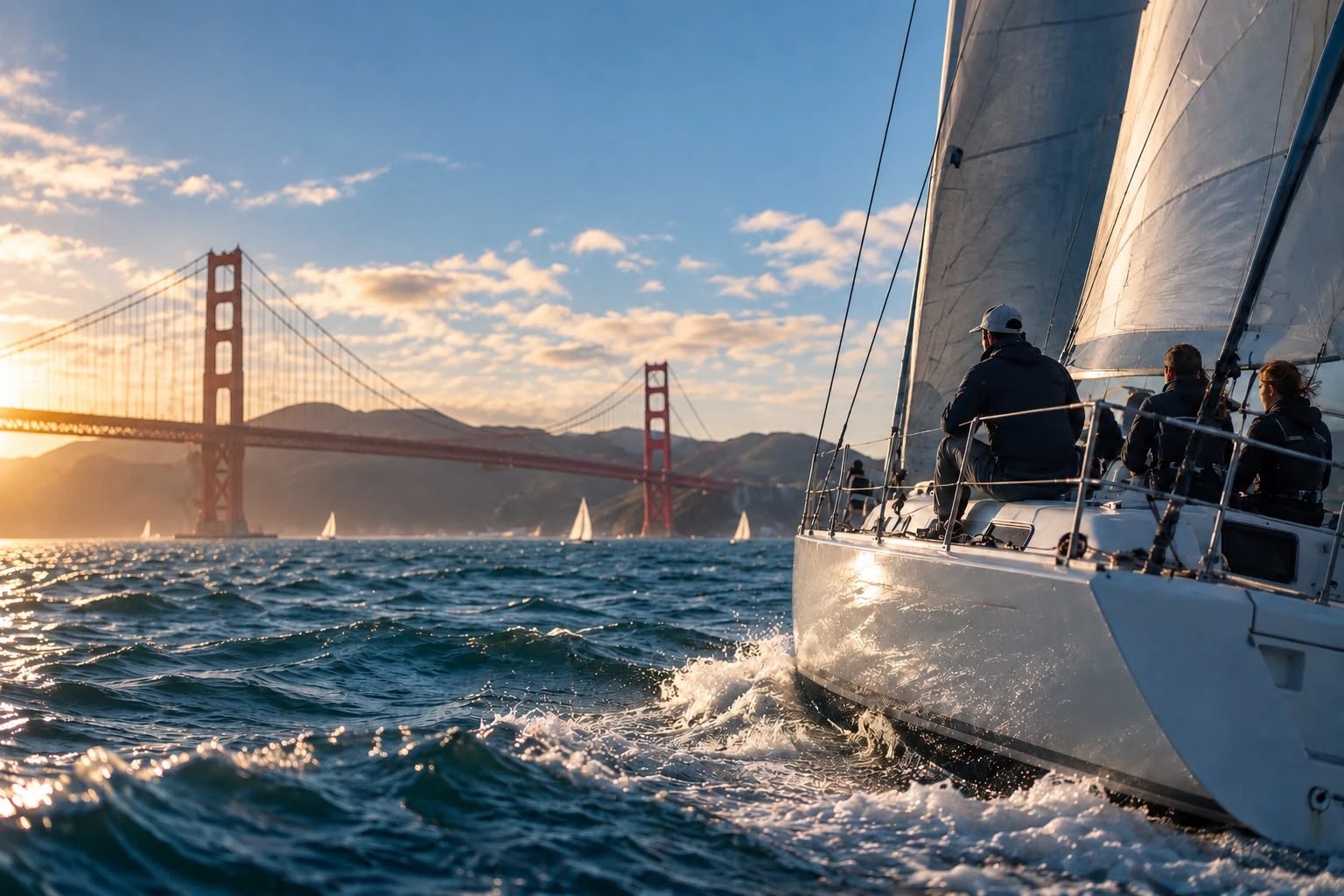 A sailing crew aboard a boat heeling through the waves of San Francisco Bay, with the Golden Gate Bridge at sunset behind